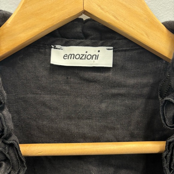 Emozioni Linen Cardigan Top Black Ruffled Tie front and wrists - Picture 3 of 14